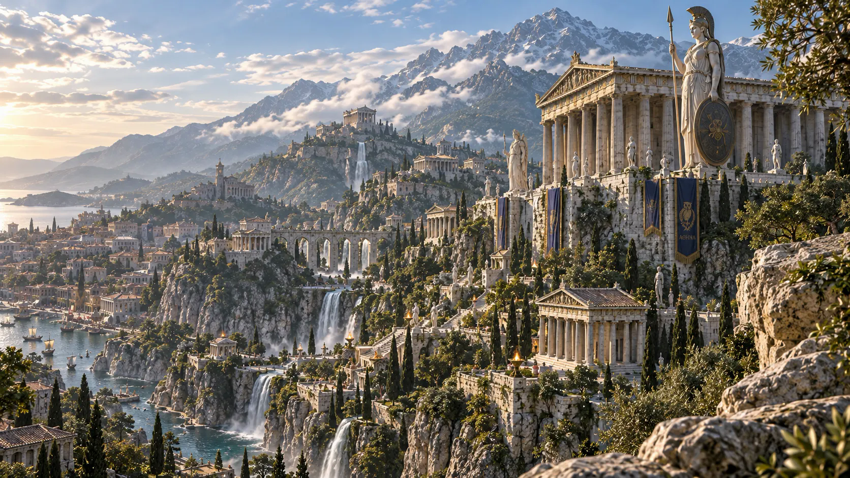 Athenaion 原專案公開的第一張參考圖:山壁上的柱廊建物與藍綠水面